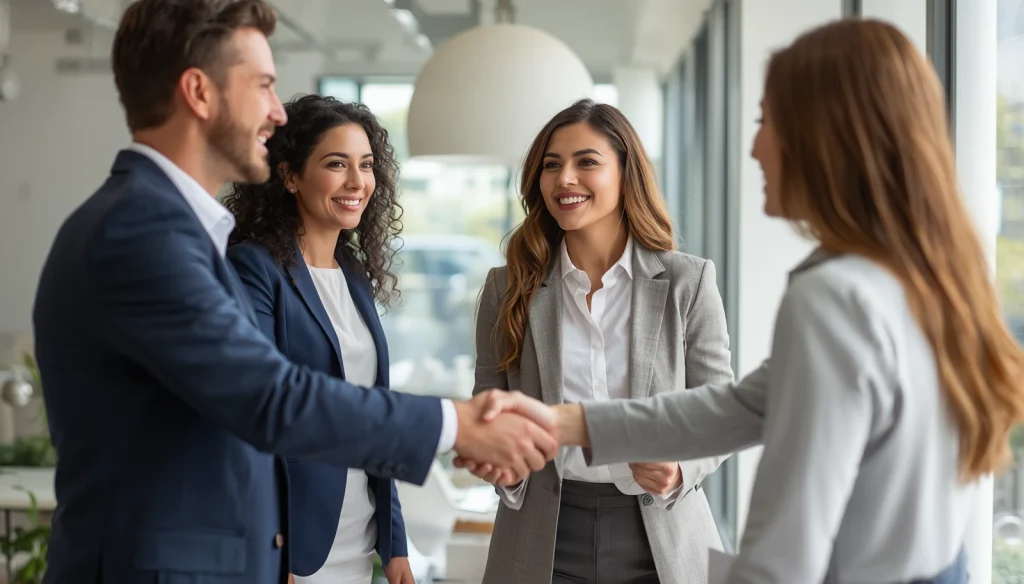 Dual agency real estate deal — agents and clients shaking hands managed by Ophir Real Estate Concierge