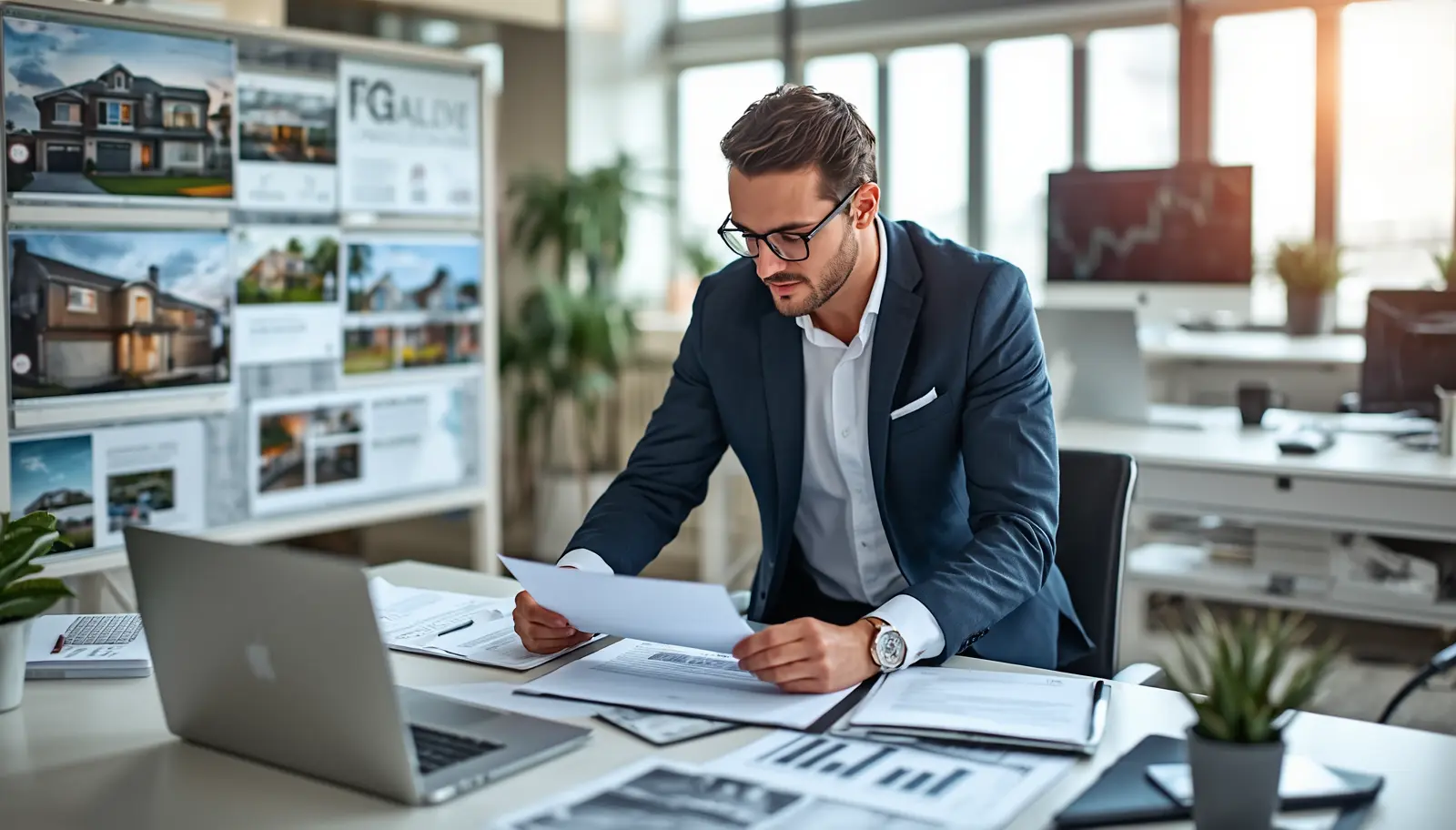 Real estate agent reviewing pre-listing and listing documents at a desk